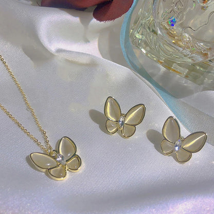 Kiss Jewelry Charm Opal Butterfly Necklace Earring Jewelry Set for Women Temperament Korean Fashion Choker Necklace Stud Earring
