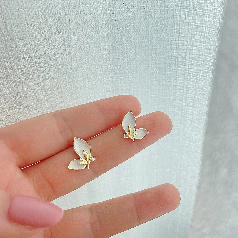New Fashion Enamel Butterfly Stud Earrings Women Personality Beautiful Golden Rimmed Crystal Butterflies Earrings Jewelry Gift