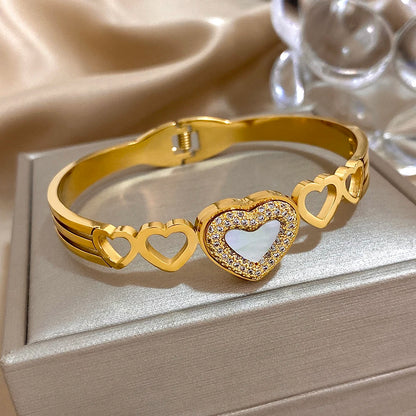 Stainless Steel Inlaid Shell Double Heart Cuff Bangles for Women Fashion Gold Color Bangle Bracelet Valentine's Day Jewelry Gift