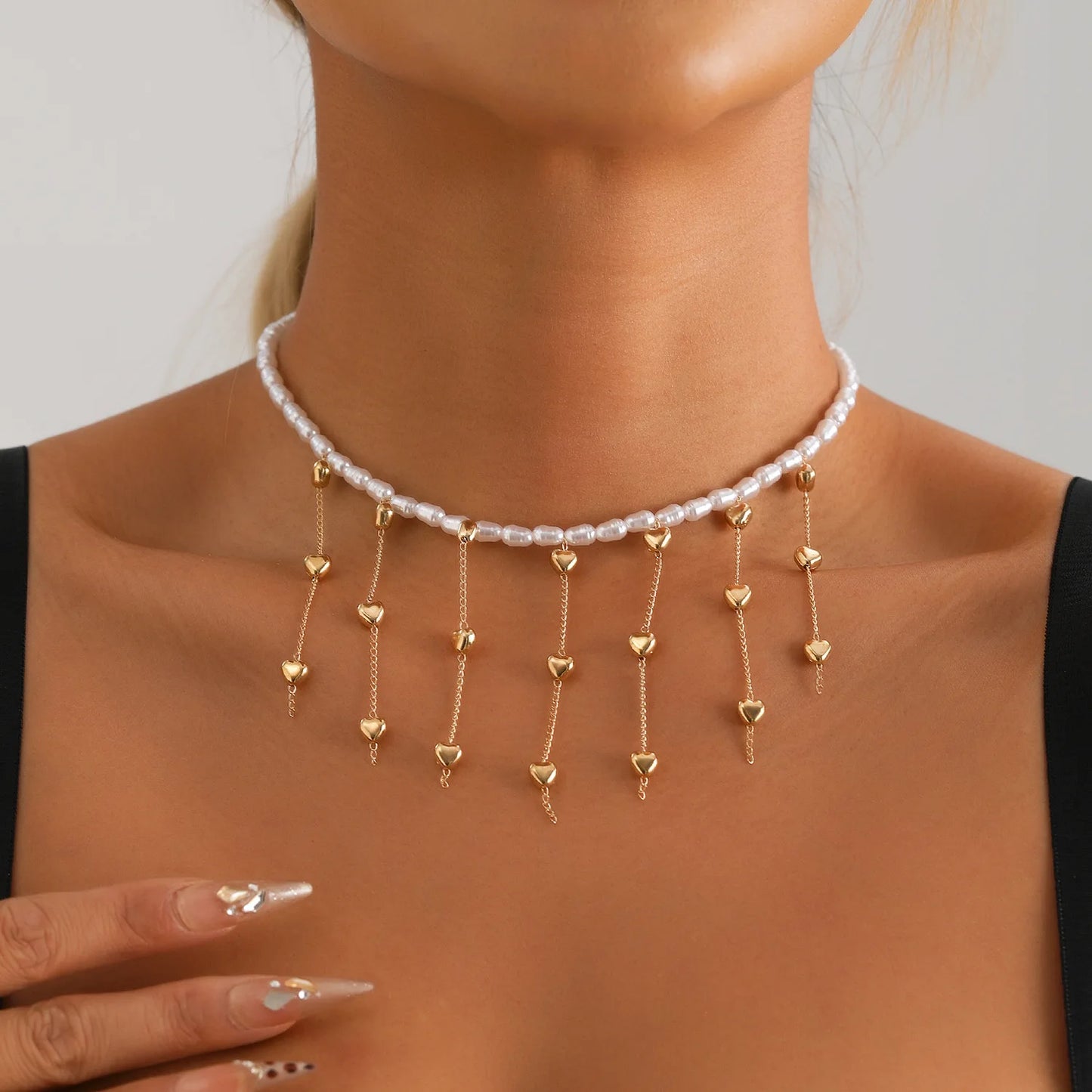 LATS Heart Beaded Necklace Women Boho Crystal Class Gravel Clavicle Chain Cool Y2K Choker Exquisite Fashion Jewelry