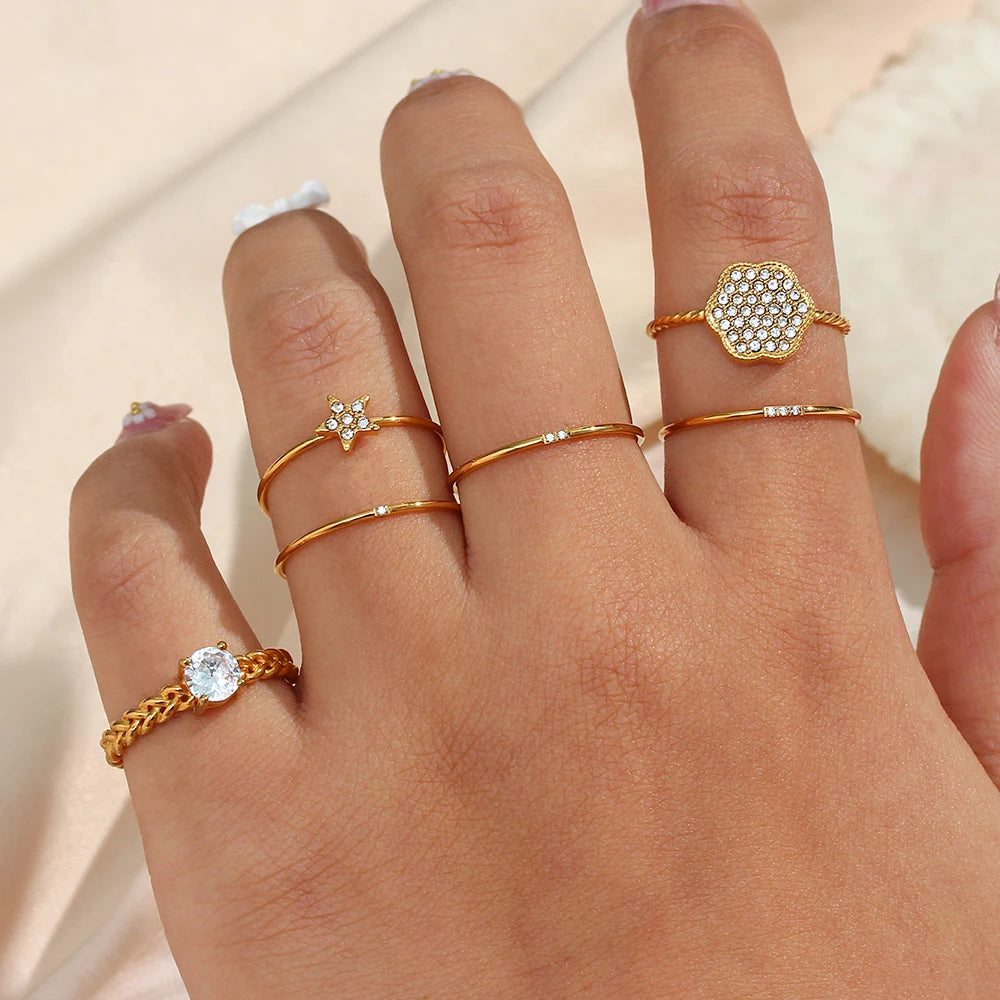Tarnish Free New Minimalist 316L Stainless Steel 18k Gold Plated One Two Three AAA Zircon Paved Gold Rings for Women