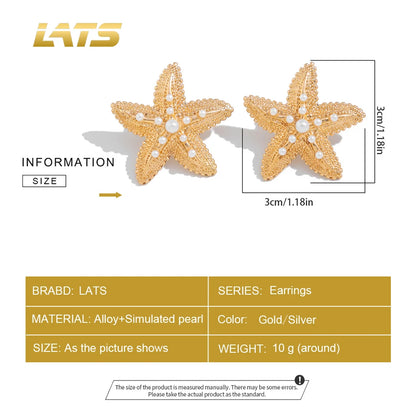 LATS Trendy Gold Color Simulated Starfish Stud Earrings for Women Exquisite Small Star Pearl Earring Summer Beach Daily Jewelry