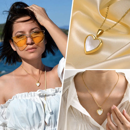 Shell Heart Locket Necklace for Women,  Mother Of Pearl Love Shape Pendant, Elegant Stainless Steel Jewelry