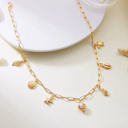 Fashion Gold Color Starfish Conch Turtle Pendant Necklace for Women Handmade Shell Chain Necklace Summer Beach Party Jewelry