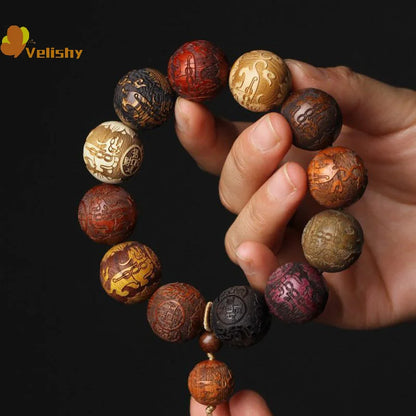 Classic 20mm Handmade Wood Carved Beaded Bracelet With Pendant For Men And Women Jewelry Gift