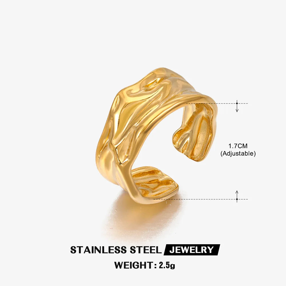 Stainless Steel Irregular Geometric Open Rings for Women Gold Color Texture Couple Wedding Ring Trendy Elegant Aesthetic Jewelry
