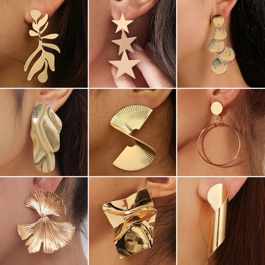 Retro Exaggerate Metal Statement Earrings for Women European Fashion Round Star Square Leaf Twist Geometry Long Earrings Jewelry