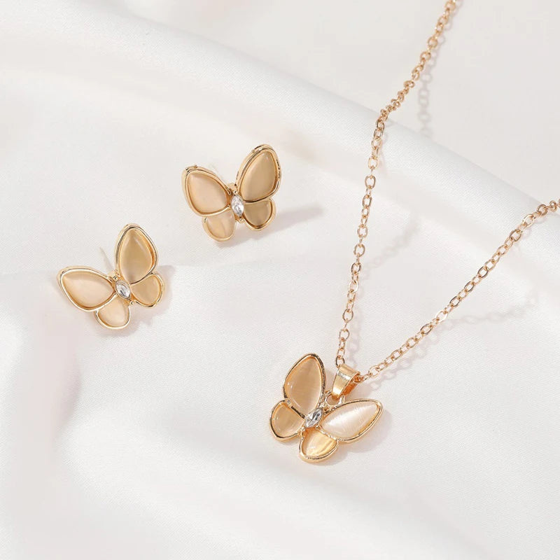 Kiss Jewelry Charm Opal Butterfly Necklace Earring Jewelry Set for Women Temperament Korean Fashion Choker Necklace Stud Earring