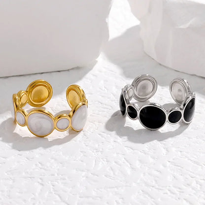DLseek Round Black White Drip Oil Rings for Women Fashion Open Adjustable Gold Plated Stainless Steel Ring Charms Jewelry Gifts