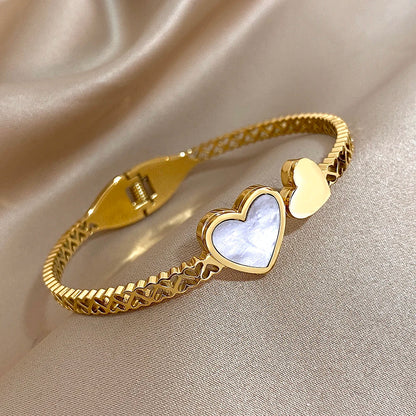 Stainless Steel Inlaid Shell Double Heart Cuff Bangles for Women Fashion Gold Color Bangle Bracelet Valentine's Day Jewelry Gift