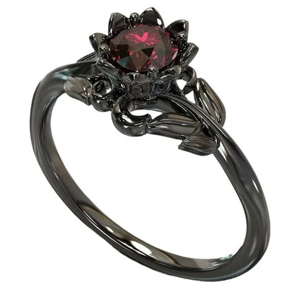 LATS Black Color Flower Red Stone Rings for Women Charm Jewelry Accessories Rose Ring Party Gift