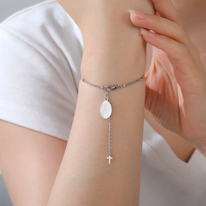 Stainless Steel Beaded Cross Virgin Mary Pendant Bracelet Fashion Jewelry Bracelet Gift for Woman