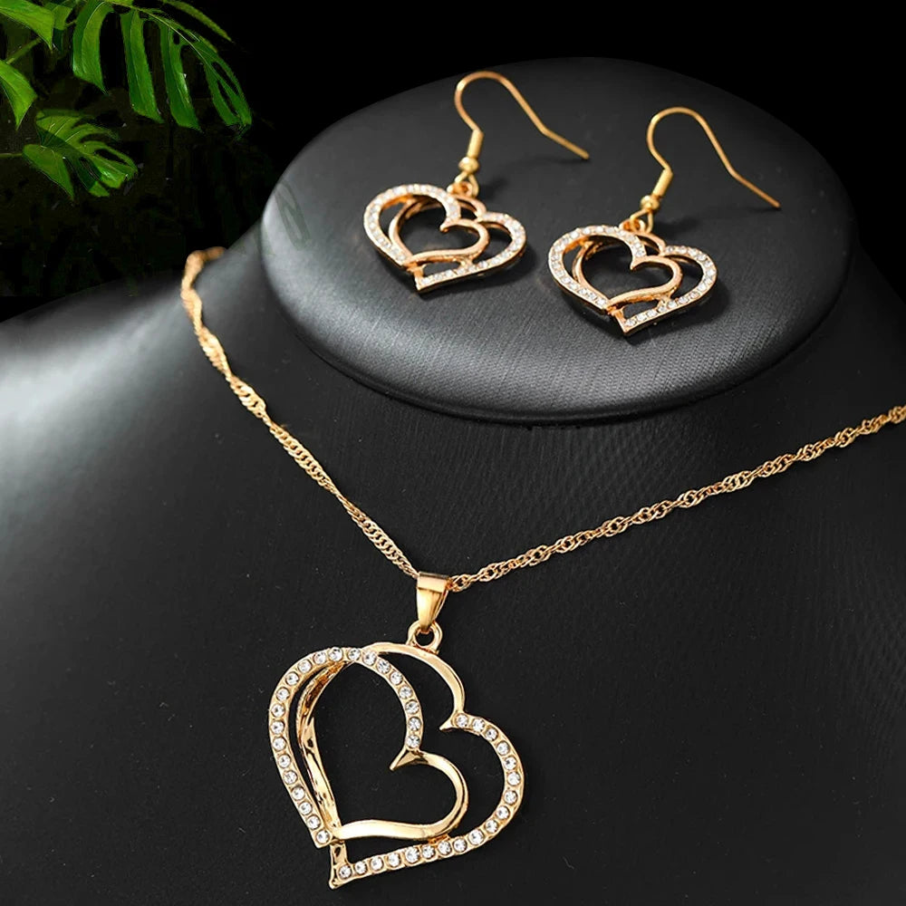 1 par de brincos + 1 colar estilo romântico francês conjunto de joias com design de coração brilhante prateado ou dourado faça sua escolha presente F