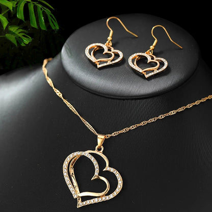 1 par de brincos + 1 colar estilo romântico francês conjunto de joias com design de coração brilhante prateado ou dourado faça sua escolha presente F