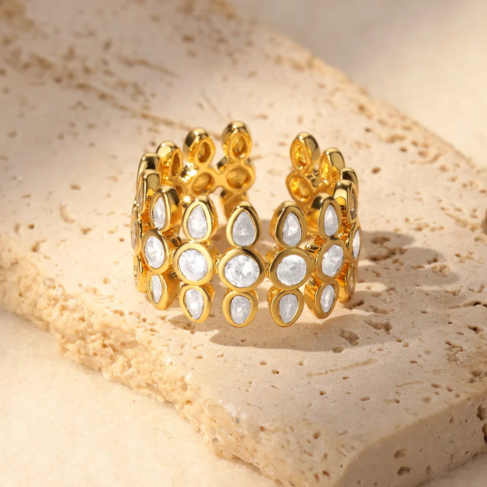 Zircon Cristal Geometric Rings For Women Stainless Steel Gold Color Adjustable Finger Ring Trendy Wedding Luxury Jewerly Gift