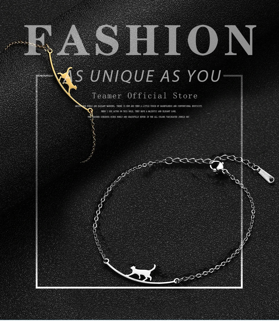 Teamer Cute Walking Cat Anklets for Women Stainless Steel Jewelry Foot Bracelet Fashion Summer Beach Accessories 2025 Wholesale