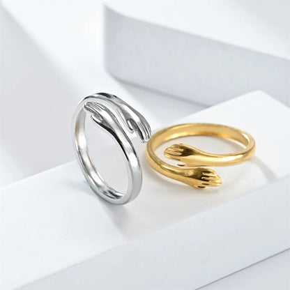 Round Gold Color Warmly Embraced Love Hug Open Rings For Women Cute Creative Hands  Adjustable Jewelry