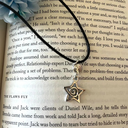 Black cord necklace, star charm, swirl, lobster clasp, adjustable, 18 inch,celestial gift