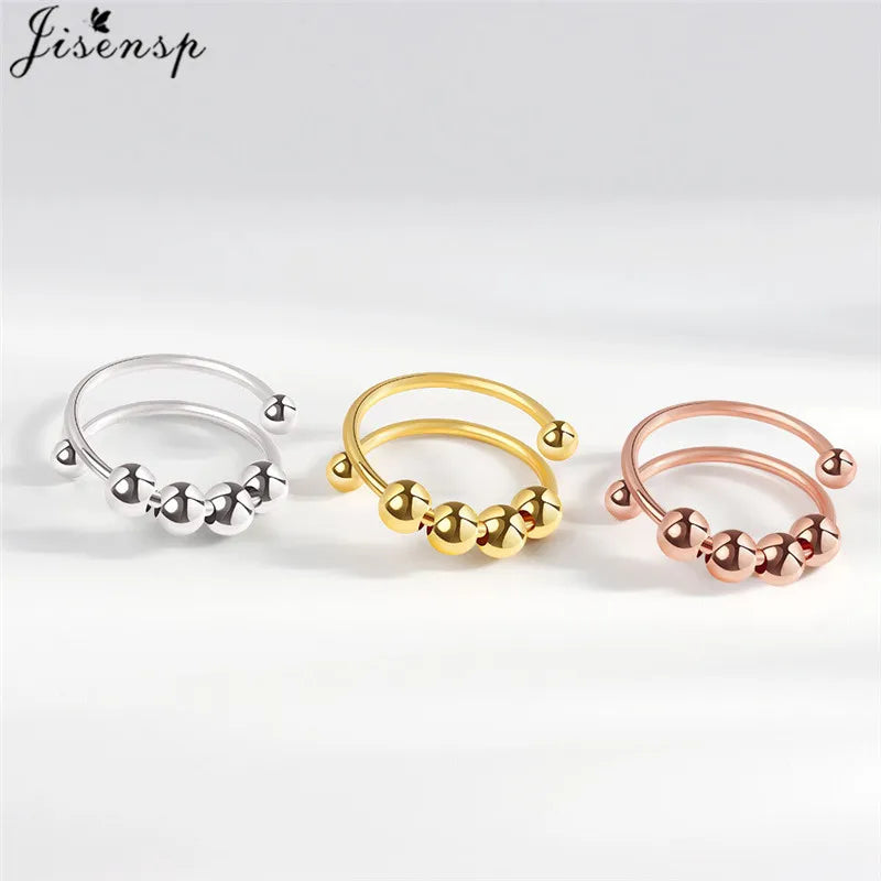 Simple Metal Beads Fidget Rotating Rings for Women Men Rotate Freely Anti Stress Anxiety Ring Spiral Round Ball Rotate Jewlery