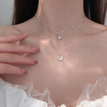 New Fashion Silver Color Double Layer Star Moon Necklace for Women Charm Delicate Zircon Wedding Pendant Choker Chain Jewelry
