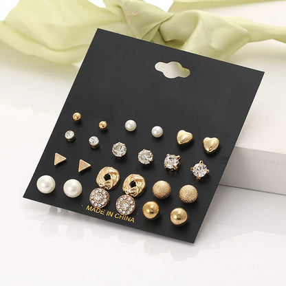 Trendy 12 Pairs/Set Cute Triangle Crystal Heart Stud Earrings for Women Ball Simulated Pearl Flower Brincos