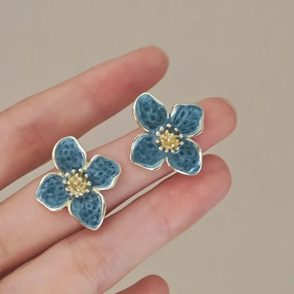 Light Green Enamel Oil Flower Stud Earrings for Women Elegant Four Blooming Petals Plant Earrings Cute Trendy Party Jewelry Gift