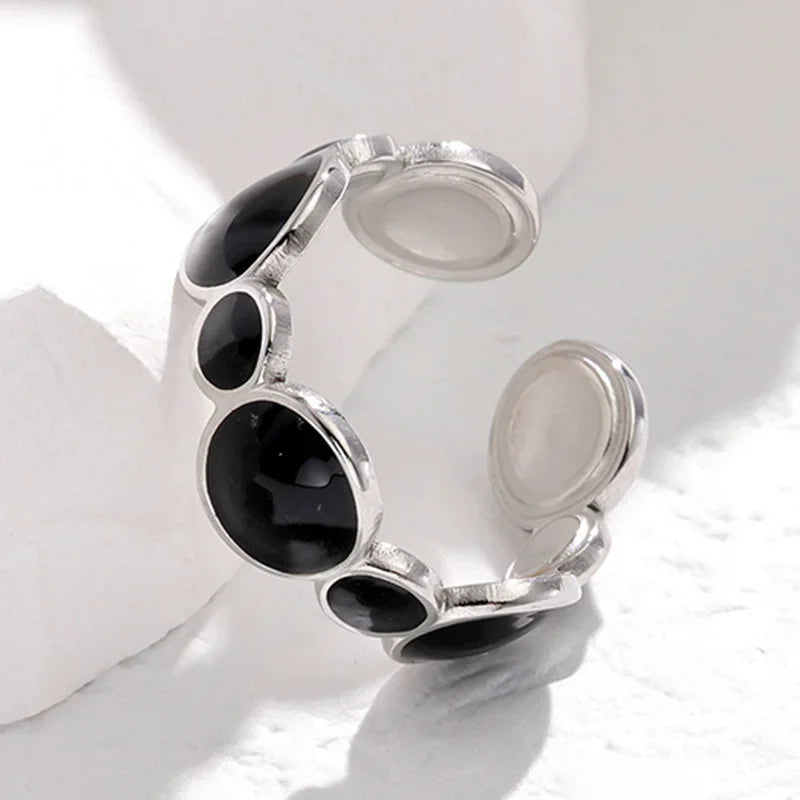DLseek Round Black White Drip Oil Rings for Women Fashion Open Adjustable Gold Plated Stainless Steel Ring Charms Jewelry Gifts