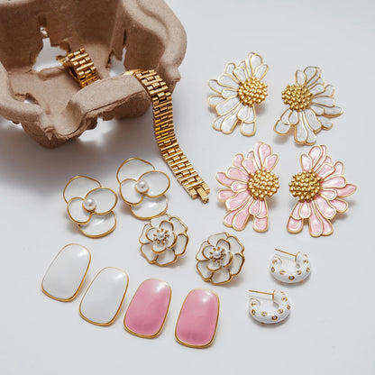 Uworld Fashion Trend 18K Gold Color Plated Stainless Steel Pink Drip Oil Flower Earrings Geometric Ear Studs Women's Accessories