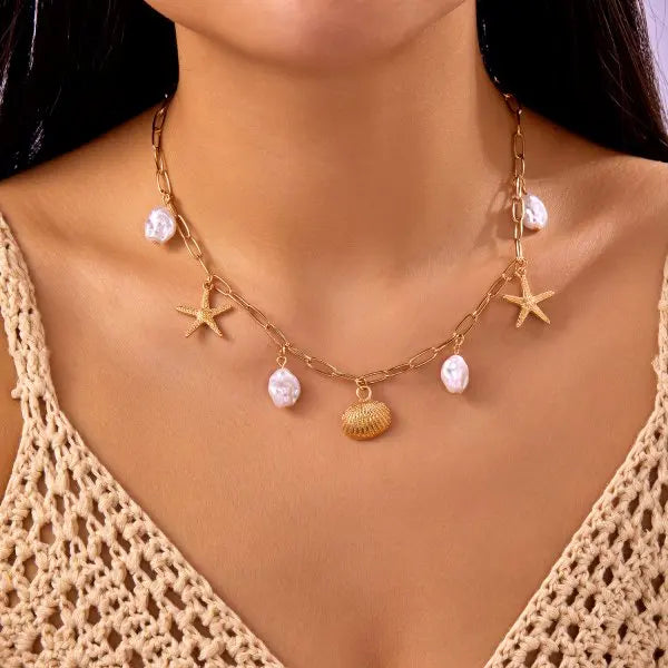 Fashion Gold Color Starfish Conch Turtle Pendant Necklace for Women Handmade Shell Chain Necklace Summer Beach Party Jewelry