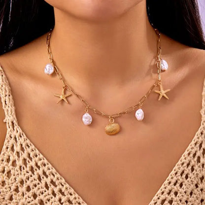 Fashion Gold Color Starfish Conch Turtle Pendant Necklace for Women Handmade Shell Chain Necklace Summer Beach Party Jewelry