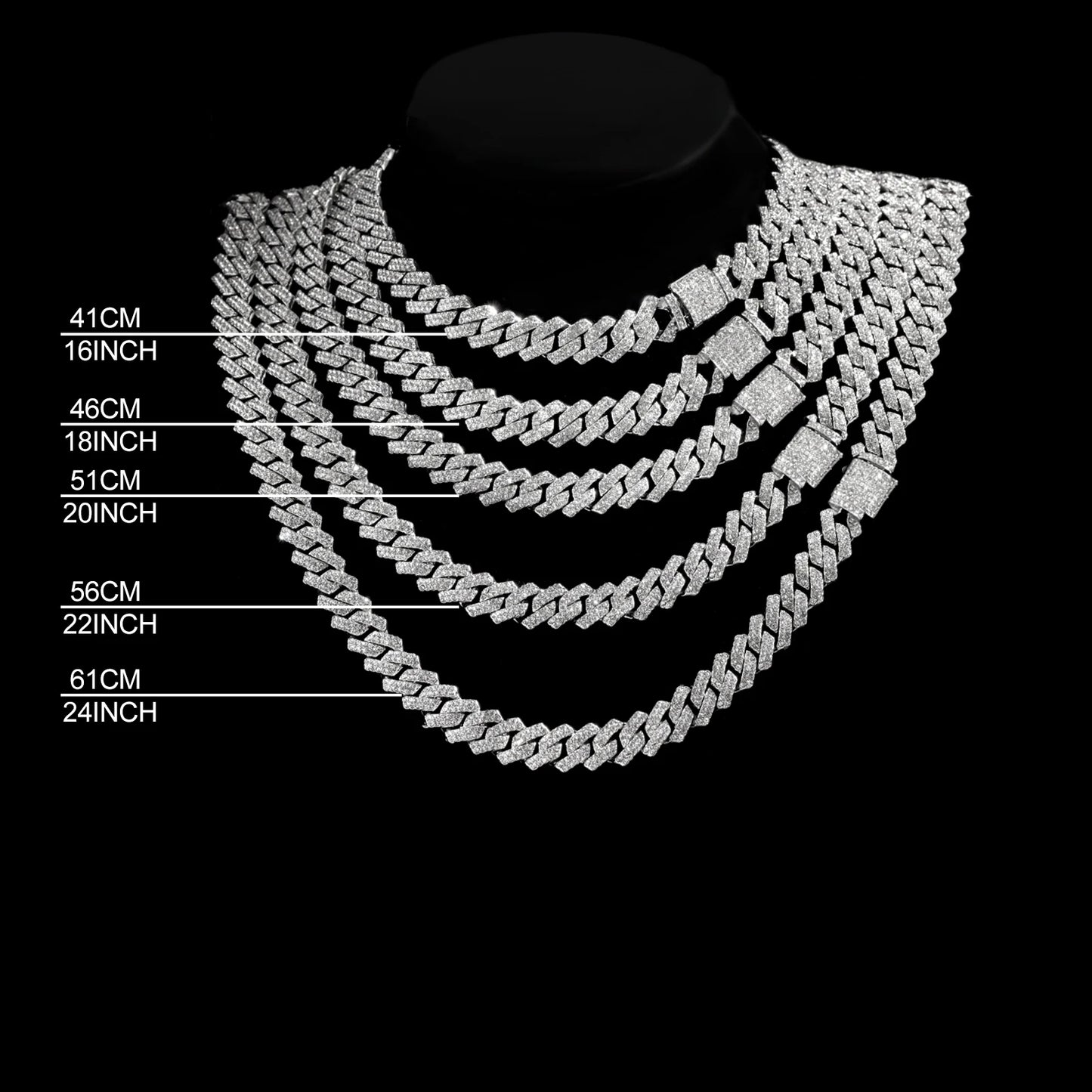 16/18/20/22/24inch Gold Color Cuban Link Chain for Women Men 2 Row Rhinestone Rhombus Prong Cuban Necklaces Hip Hop Jewelry