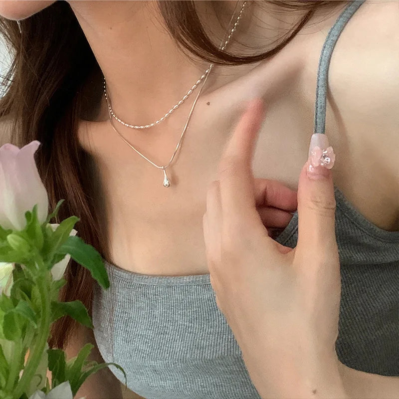 LATS Silver Color Simple Design Long Drop Pendant Necklace for Women Double-layered Clavicle Chain Fashion Jewelry Gifts