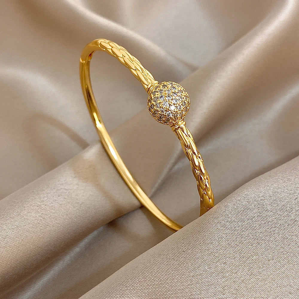 Flashbuy Gold Color Chic Inlaid Zircon Copper Bangle Bracelet For Women Statement New Design Temperament Wrist Fashion Jewelry