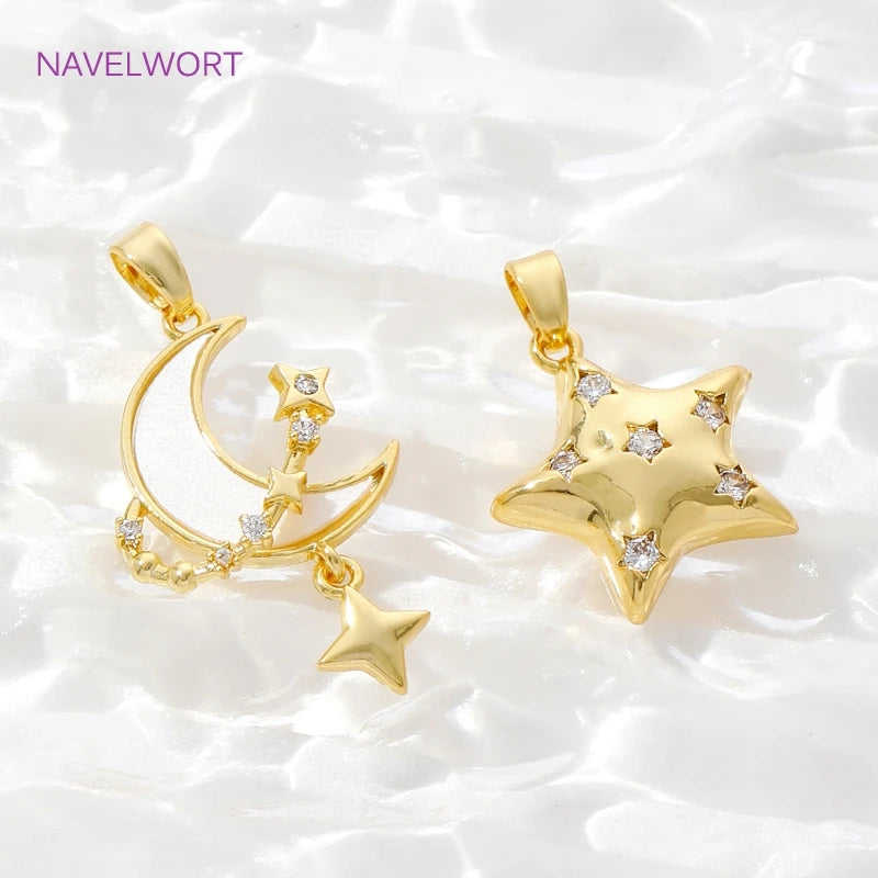 Pendants For Necklace Accessories 18K Gold Plated Brass Inlaid Zircon Moon/Star Charm Pendant DIY Jewelry Making Supplies
