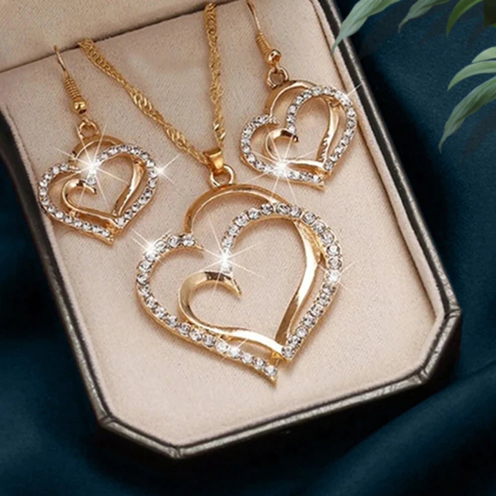 1 par de brincos + 1 colar estilo romântico francês conjunto de joias com design de coração brilhante prateado ou dourado faça sua escolha presente F