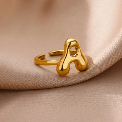 Gold Color Cute Bubble Letters Rings For Women Stainless Steel A-Z Alphabet Opening Ring Wedding Party Christmas Jewelry