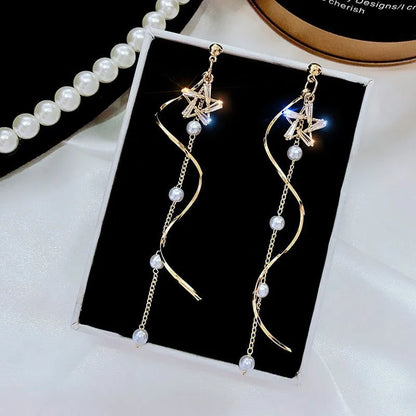 Elegant Cherry Blossom Princess Earrings for Women Personalized Asymmetrical Long Tassel Star Pearl Ear Stud Party Jewelry Gifts