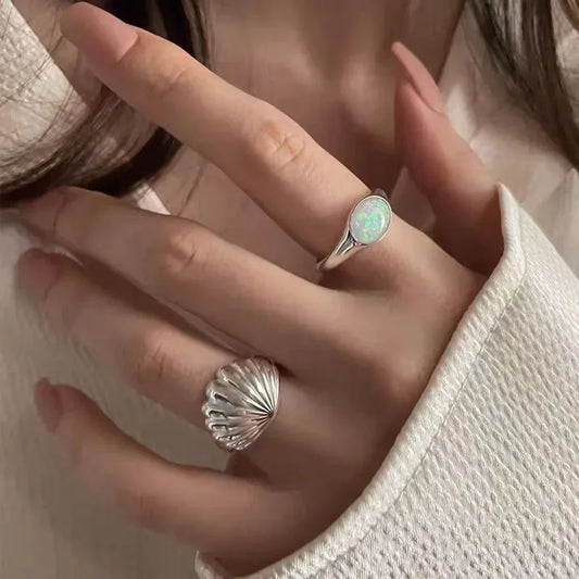 Shell Opal Stone Cuff Rings For Women Girl 2024 New Trend Fashion Personalized Vintage Jewelry Ladies Gifts Party anillos mujer