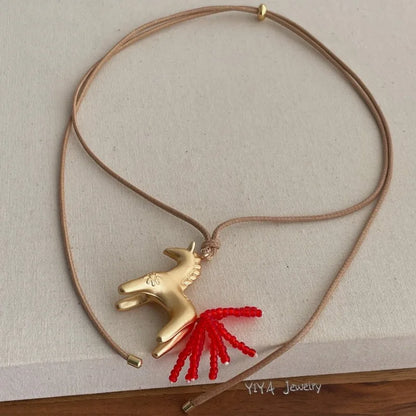 Minar New Luxury Metallic Cartoon Horse Beads Strand Tassel Pendant Necklaces for Women Long Adjustable Wax Rope Chain Choker