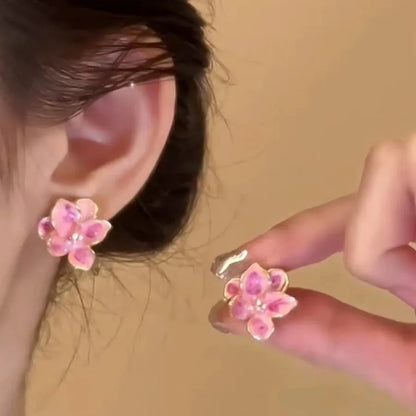 Pink Floral Women's Small Earrings Sweet Flower Petals Korean Fashion Ear Jewelry Irregular Mini Plant Element Ear Studs