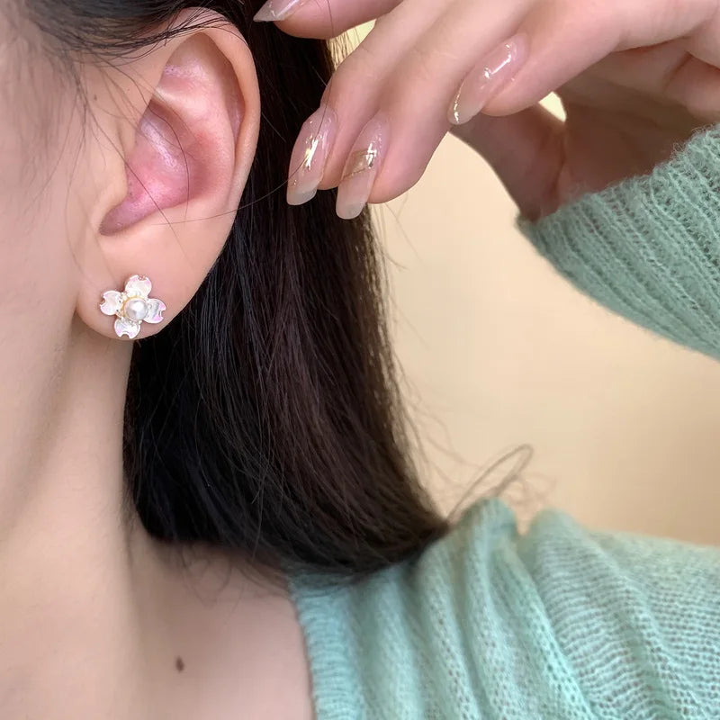 Elegant Cherry Blossom Princess Earrings for Women Personalized Asymmetrical Long Tassel Star Pearl Ear Stud Party Jewelry Gifts