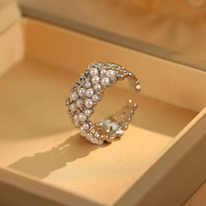 925 Sterling Silver Zircon Pearl Round Rings for Women Minimalist Trendy Light Luxury Fine Jewelry Opening Accessories