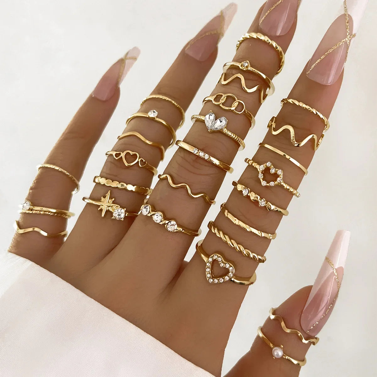Silver Color Geometric Knuckle Ring Set For Women Artificial Pearl Simple Chain Finger Ring Female Bohemian Jewelry Accessories