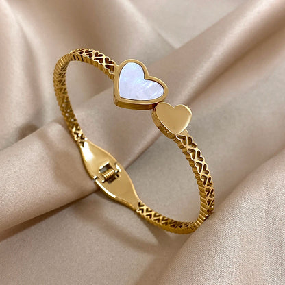 Stainless Steel Inlaid Shell Double Heart Cuff Bangles for Women Fashion Gold Color Bangle Bracelet Valentine's Day Jewelry Gift