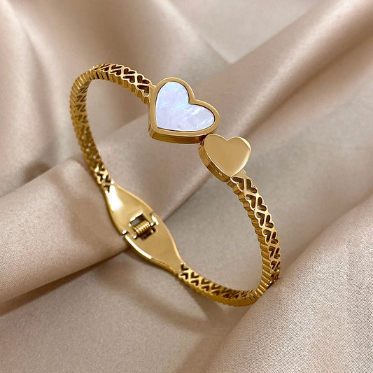Stainless Steel Inlaid Shell Double Heart Cuff Bangles for Women Fashion Gold Color Bangle Bracelet Valentine's Day Jewelry Gift