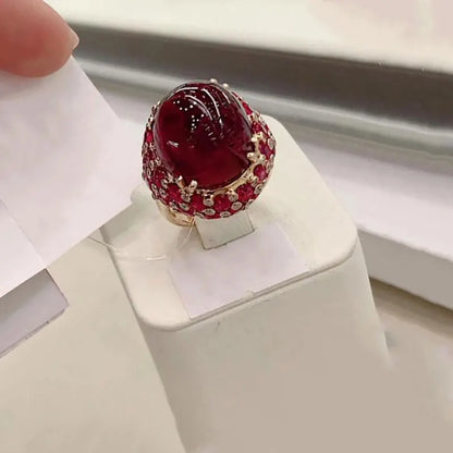 585 Purple Gold Plated 14K Rose Gold Inlaid Oval Ruby Rings for Women Adjustable Luxury Exaggerated Punk Wedding Jewelry