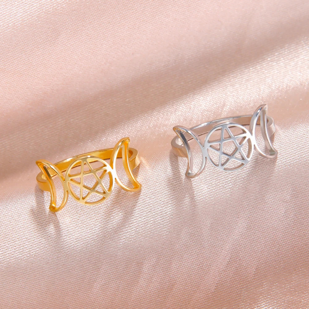 COOLTIME Pentagram Triple Moon Goddess Symbol Rings for Women Men Stainless Steel Crescent Star Ring Vintage Wicca Jewelry Gift