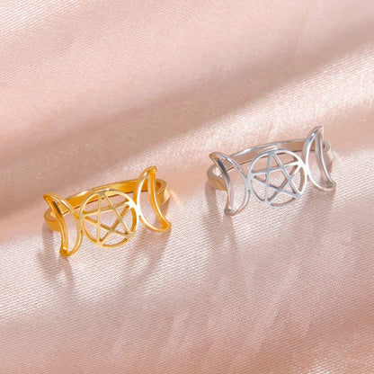COOLTIME Pentagram Triple Moon Goddess Symbol Rings for Women Men Stainless Steel Crescent Star Ring Vintage Wicca Jewelry Gift