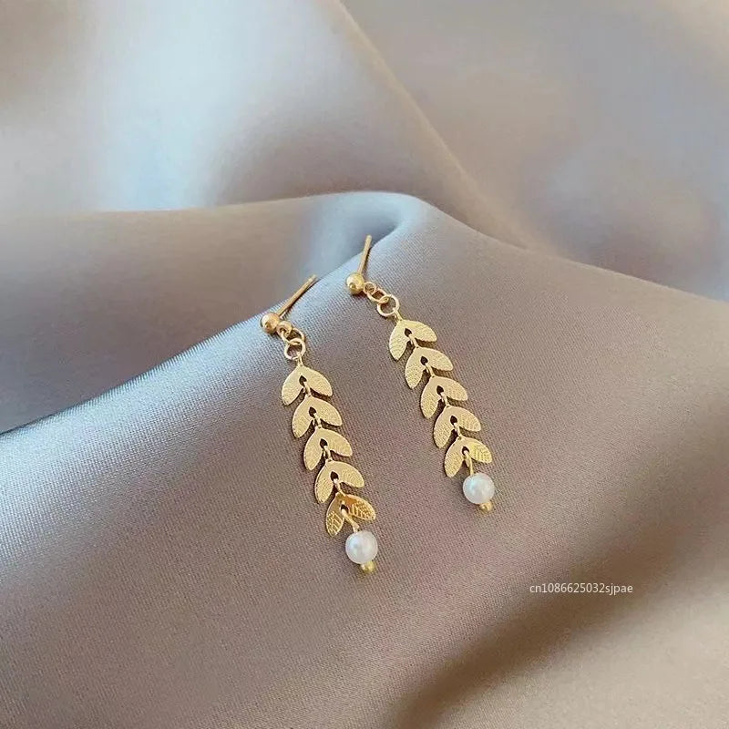New Simple Wheat Ear Pearl Bracelet Necklace Earrings Jewelry Set for Women Lucky Gold Color Bracelet Charm Jewelry Necklaces