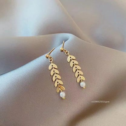 New Simple Wheat Ear Pearl Bracelet Necklace Earrings Jewelry Set for Women Lucky Gold Color Bracelet Charm Jewelry Necklaces